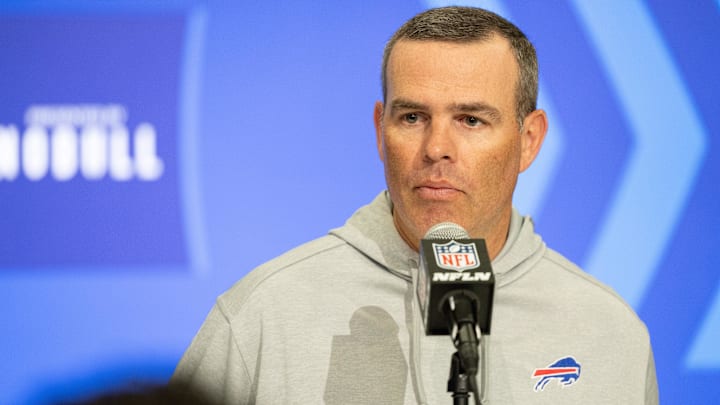 Buffalo Bills general manager Brandon Beane talks to the media at the 2024 NFL Combine at Indiana Convention Center. Buffalo Bills general manager Brandon Beane talks to the media at the 2024 NFL Combine at Indiana Convention Center.