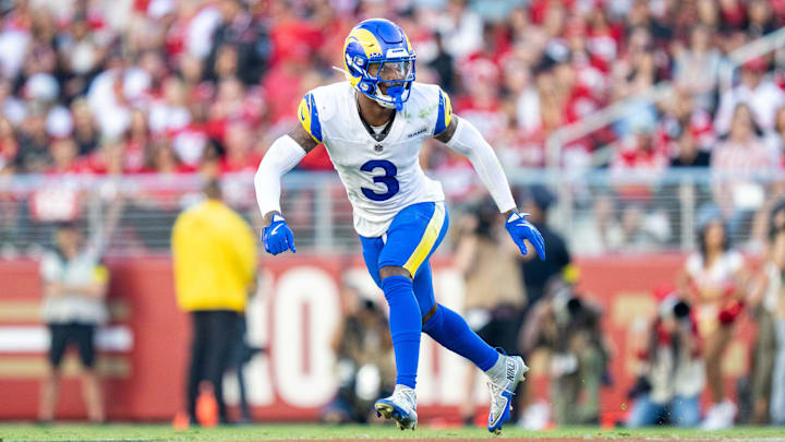 November 9, 2025; Santa Clara, California, USA; Los Angeles Rams safety Kam Curl (3) during the fourth quarter against the San Francisco 49ers at Levi's Stadium. Mandatory Credit: Kyle Terada-Imagn Images