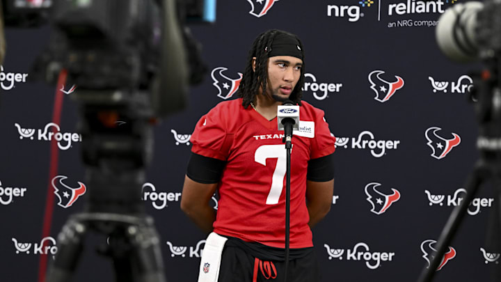Jun 10, 2025; Houston, TX, USA; Houston Texans quarterback C.J. Stroud speaks at a press conference after an NFL football minicamp at NRG Stadium. Mandatory Credit: Maria Lysaker-Imagn Images 