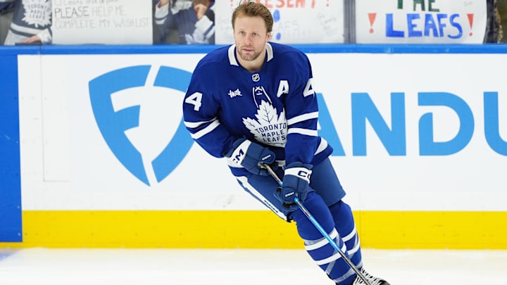 Dec 30, 2025; Toronto, Ontario, CAN; Toronto Maple Leafs defenseman Morgan Rielly (44) skates during the warmup before a game against the New Jersey Devils at Scotiabank Arena. Mandatory Credit: Nick Turchiaro-Imagn Images