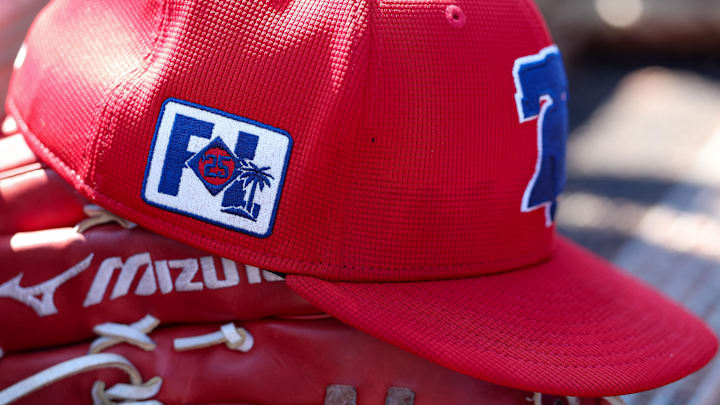 Feb 26, 2025; Dunedin, Florida, USA; Philadelphia Phillies outfielder Gabriel Rincones Jr. (85) hat sits in the dugout against the Toronto Blue Jays in the fifth inning during spring training at TD Ballpark. 