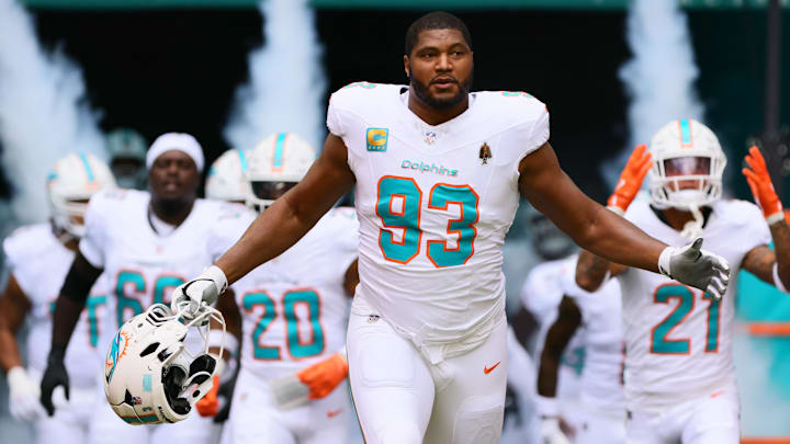 Oct 27, 2024; Miami Gardens, Florida, USA; Miami Dolphins defensive tackle Calais Campbell (93) enters the field before the game against the Arizona Cardinals at Hard Rock Stadium. Mandatory Credit: Sam Navarro-Imagn Images