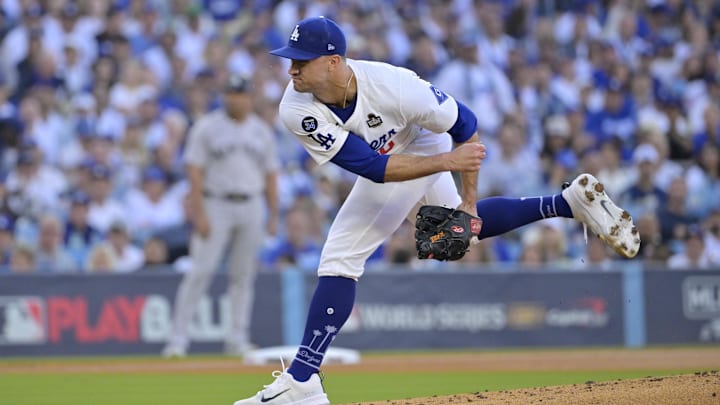 Oct 25, 2024; Los Angeles, California, USA; Los Angeles Dodgers pitcher Jack Flaherty (0) pitches against the New York Yankees in the first inning during game one of the 2024 MLB World Series at Dodger Stadium. Mandatory Credit: Jayne Kamin-Oncea-Imagn Images
