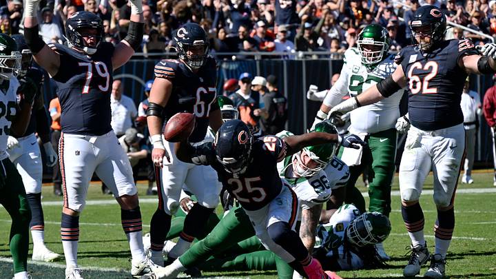 Bears running back Kyle Monangai celebrates after scoring a touchdown during the first quarter against the Jets. Bears running back Kyle Monangai celebrates after scoring a touchdown during the first quarter against the Jets.