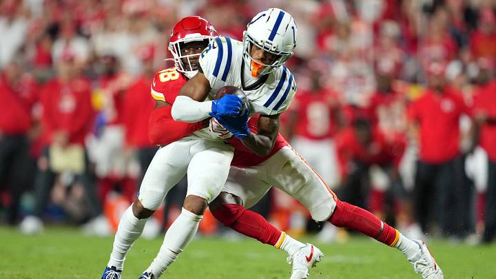 Sep 20, 2026; Kansas City, Missouri, USA; Kansas City Chiefs cornerback L'Jarius Sneed (38) tackles Indianapolis Colts wide receiver Josh Downs (2) during the fourth quarter at GEHA Field at Arrowhead Stadium. Mandatory Credit: Jay Biggerstaff-Imagn Images Sep 20, 2026; Kansas City, Missouri, USA; Kansas City Chiefs cornerback L'Jarius Sneed (38) tackles Indianapolis Colts wide receiver Josh Downs (2) during the fourth quarter at GEHA Field at Arrowhead Stadium. Mandatory Credit: Jay Biggerstaff-Imagn Images