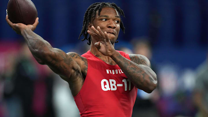 Mar 4, 2023; Indianapolis, IN, USA; Florida quarterback Anthony Richardson (QB11)  participates in