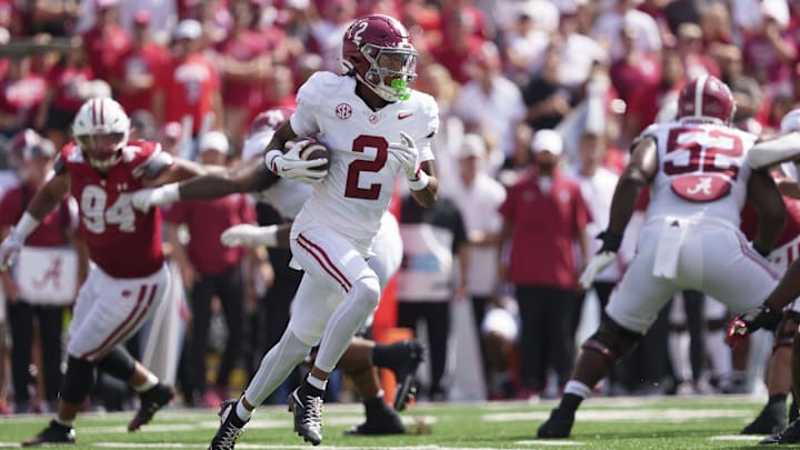 Sep 14, 2024; Madison, Wisconsin, USA;  Alabama Crimson Tide wide receiver Ryan Williams (2) during the game against the Wisconsin Badgers at Camp Randall Stadium. Mandatory Credit: Jeff Hanisch-Imagn Images