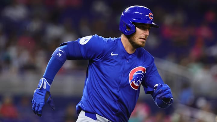 Aug 23, 2024; Miami, Florida, USA; Chicago Cubs right fielder Cody Bellinger (24) runs toward second base after hitting a double against the Miami Marlins during the fifth inning at loanDepot Park. Aug 23, 2024; Miami, Florida, USA; Chicago Cubs right fielder Cody Bellinger (24) runs toward second base after hitting a double against the Miami Marlins during the fifth inning at loanDepot Park.
