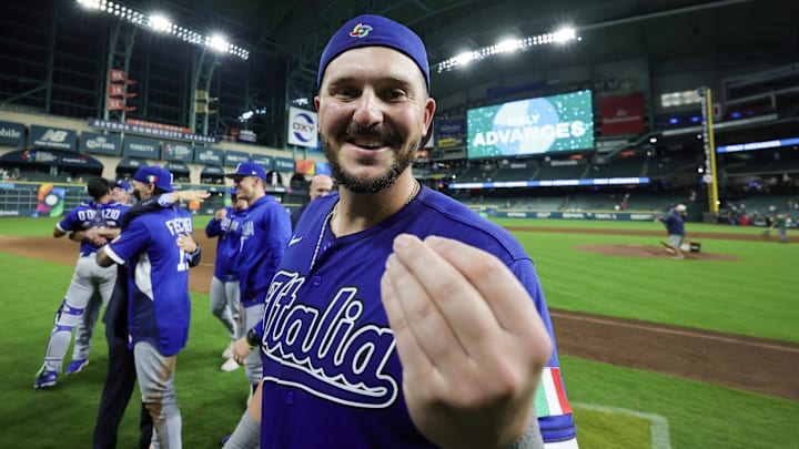 Mar 11, 2026; Houston, TX, United States;  Italy first baseman Vinnie Pasquantino (9) celebrates after defeating Mexico at Daikin Park. Mandatory Credit: Thomas Shea-Imagn Images