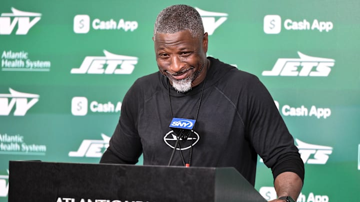 Jun 10, 2025; East Rutherford, NJ, USA; New York Jets head coach Aaron Glenn speaks at a press conference during minicamp at Atlantic Health Jets Training Center. Mandatory Credit: John Jones-Imagn Images