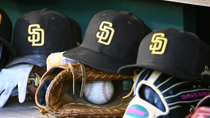 May 24, 2023; Washington, District of Columbia, USA; San Diego Padres hats in the dugout during the game against the Washington Nationals at Nationals Park. Mandatory Credit: Brad Mills-Imagn Images