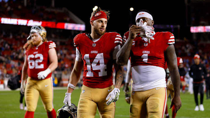 Dec 30, 2024; Santa Clara, California, USA; San Francisco 49ers wide receiver Ricky Pearsall (14) during the game against the Detroit Lions at Levi's Stadium. Mandatory Credit: Sergio Estrada-Imagn Images Dec 30, 2024; Santa Clara, California, USA; San Francisco 49ers wide receiver Ricky Pearsall (14) during the game against the Detroit Lions at Levi's Stadium. Mandatory Credit: Sergio Estrada-Imagn Images