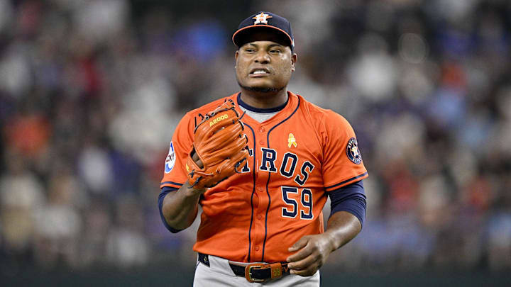 Sep 7, 2025; Arlington, Texas, USA; Houston Astros starting pitcher Framber Valdez (59) pitches against the Texas Rangers during the first inning at Globe Life Field. 
