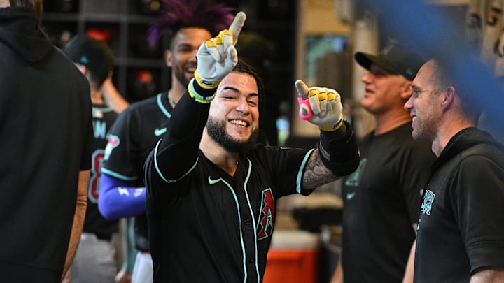 Sep 21, 2024; Milwaukee, Wisconsin, USA; Arizona Diamondbacks catcher Jose Herrera (11) celebrates hitting home run against the Milwaukee Brewers in the fifth inning at American Family Field. Mandatory Credit: Michael McLoone-Imagn Images Sep 21, 2024; Milwaukee, Wisconsin, USA; Arizona Diamondbacks catcher Jose Herrera (11) celebrates hitting home run against the Milwaukee Brewers in the fifth inning at American Family Field. Mandatory Credit: Michael McLoone-Imagn Images
