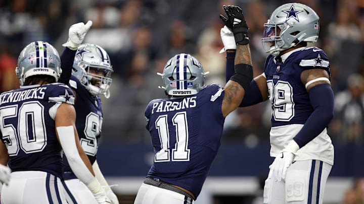 Dallas Cowboys linebacker Micah Parsons celebrates a sack against the Washington Commanders
