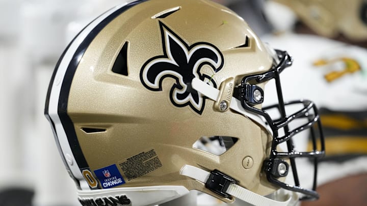 Dec 23, 2024; Green Bay, Wisconsin, USA;  General view of a New Orleans Saints helmet during the game against the Green Bay Packers at Lambeau Field. Mandatory Credit: Jeff Hanisch-Imagn Images