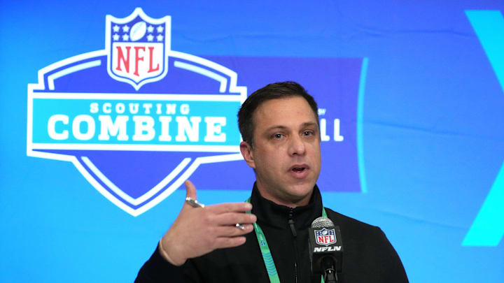 Feb 27, 2024; Indianapolis, IN, USA; Kansas City Chiefs general manager Brett Veach speaks during a