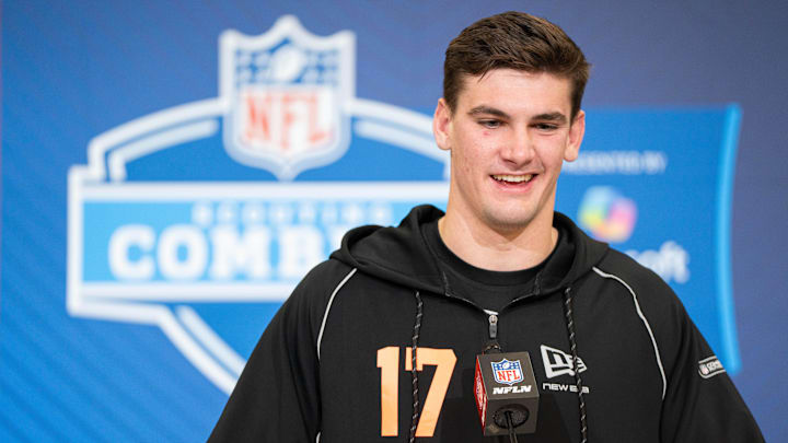Feb 27, 2026; Indianapolis, IN, USA; Alabama quarterback Ty Simpson (QB17) speaks to members of the media during the NFL Combine at the Indiana Convention Center. Mandatory Credit: Jacob Musselman-Imagn Images