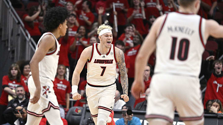 Feb 4, 2026; Louisville, Kentucky, USA;  Louisville Cardinals forward Kasean Pryor (7) reacts during the first half against the Notre Dame Fighting Irish at KFC Yum! Center. Mandatory Credit: Jamie Rhodes-Imagn Images