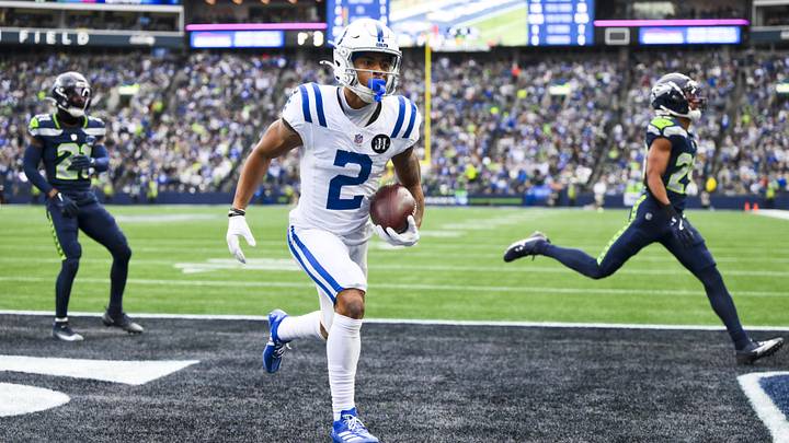 Indianapolis Colts wide receiver Josh Downs (2) runs into the end zone for a touchdown after catching a pass against the Seattle Seahawks.