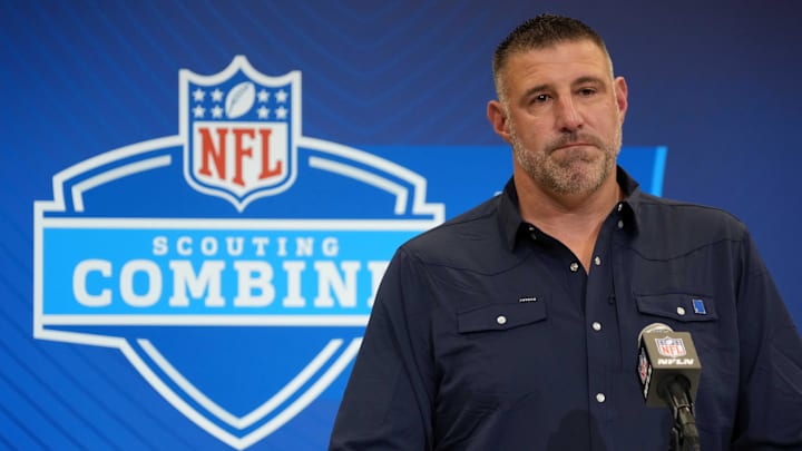 Feb 25, 2025; Indianapolis, IN, USA; New England Patriots coach Mike Vrabel speaks during the NFL Scouting Combine at the Indiana Convention Center.