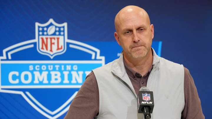 Feb 25, 2025; Indianapolis, IN, USA; Arizona Cardinals general manager Monti Ossenfort speaks during the NFL Scouting Combine at the Indiana Convention Center. Mandatory Credit: Kirby Lee-Imagn Images