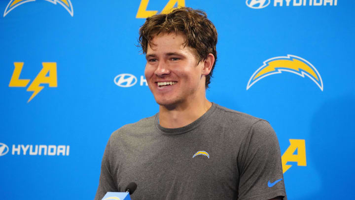 Jun 13, 2024; Costa Mesa, CA, USA; Los Angeles Chargers quarterback Justin Herbert (10) at a press conference during minicamp at the Hoag Performance Center. Jun 13, 2024; Costa Mesa, CA, USA; Los Angeles Chargers quarterback Justin Herbert (10) at a press conference during minicamp at the Hoag Performance Center.