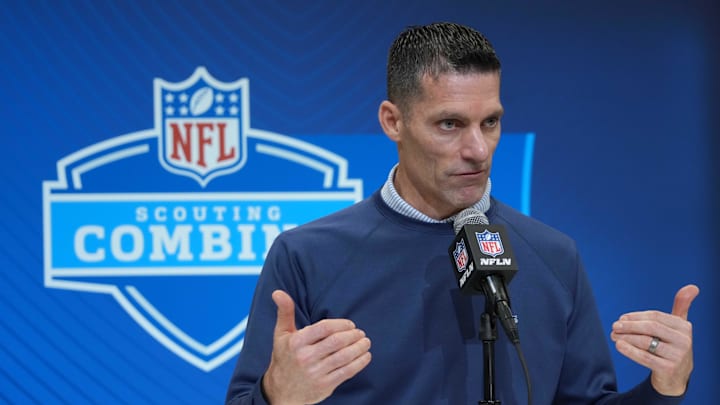 Feb 27, 2025; Indianapolis, IN, USA; Houston Texans general manager Nick Caserio speaks during the 2025 NFL Scouting Combine at the Indiana Convention Center. Mandatory Credit: Kirby Lee-Imagn Images