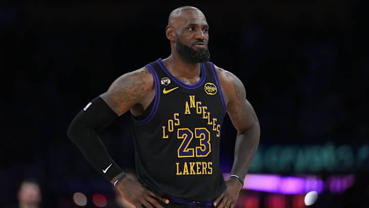 Mar 3, 2026; Los Angeles, California, USA; Los Angeles Lakers forward LeBron James (23) reacts against the New Orleans Pelicans in the second half at Crypto.com Arena. Mandatory Credit: Kirby Lee-Imagn Images Mar 3, 2026; Los Angeles, California, USA; Los Angeles Lakers forward LeBron James (23) reacts against the New Orleans Pelicans in the second half at Crypto.com Arena. Mandatory Credit: Kirby Lee-Imagn Images