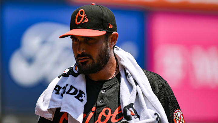 Baltimore Orioles pitcher Zach Eflin heads to the dugout from the bullpen before the game against the New York Yankees. Baltimore Orioles pitcher Zach Eflin heads to the dugout from the bullpen before the game against the New York Yankees.