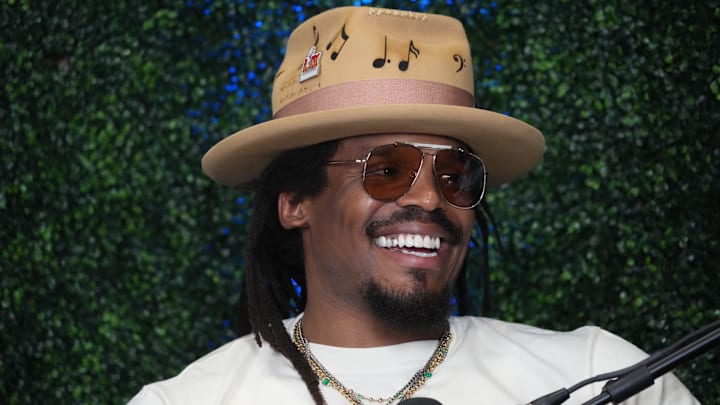 Former Carolina Panthers QB Cam Newton on Radio Row at the Super Bowl LIX media center.