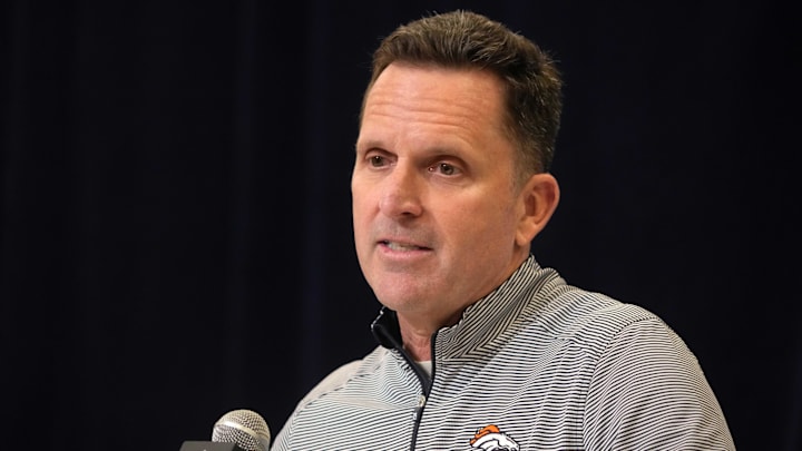 Feb 25, 2025; Indianapolis, IN, USA; Denver Broncos general manager George Paton speaks during the NFL Scouting Combine at the Indiana Convention Center. Feb 25, 2025; Indianapolis, IN, USA; Denver Broncos general manager George Paton speaks during the NFL Scouting Combine at the Indiana Convention Center.