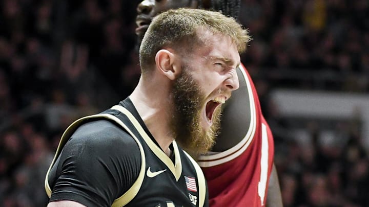 Purdue Boilermakers guard Braden Smith (3) celebrates after a play.