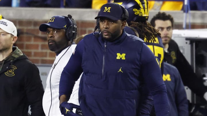 Nov 1, 2025; Ann Arbor, Michigan, USA;  Michigan Wolverines head coach Sherrone Moore on the sideline in the second half against the Purdue Boilermakers at Michigan Stadium. Mandatory Credit: Rick Osentoski-Imagn Images