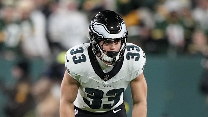 Nov 10, 2025; Green Bay, Wisconsin, USA;  Philadelphia Eagles defensive back Cooper DeJean (33) during the game against the Green Bay Packers at Lambeau Field. Mandatory Credit: Jeff Hanisch-Imagn Images
