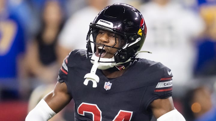 Oct 21, 2024; Glendale, Arizona, USA; Arizona Cardinals safety Jalen Thompson (34) celebrates after recovering a fumble from the Los Angeles Chargers in the first half at State Farm Stadium. Mandatory Credit: Mark J. Rebilas-Imagn Images Oct 21, 2024; Glendale, Arizona, USA; Arizona Cardinals safety Jalen Thompson (34) celebrates after recovering a fumble from the Los Angeles Chargers in the first half at State Farm Stadium. Mandatory Credit: Mark J. Rebilas-Imagn Images
