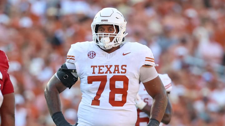 Oct 12, 2024; Dallas, Texas, USA;  Texas Longhorns offensive lineman Kelvin Banks Jr. (78) in action during the game against the Oklahoma Sooners at the Cotton Bowl. Mandatory Credit: Kevin Jairaj-Imagn Images