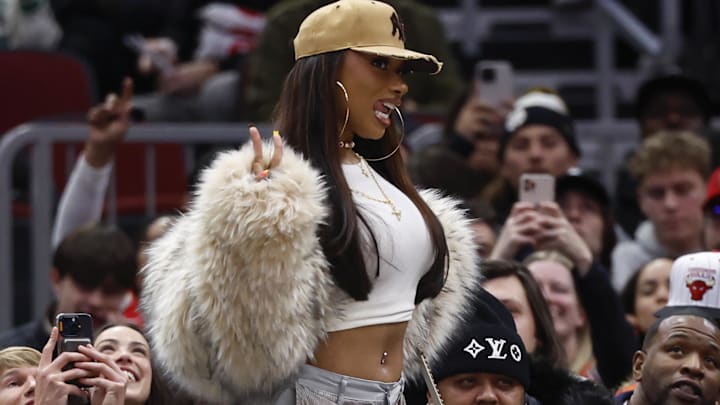 Megan Thee Stallion attends a basketball game between the Chicago Bulls and Boston Celtics during the second half at United Center in 2024.