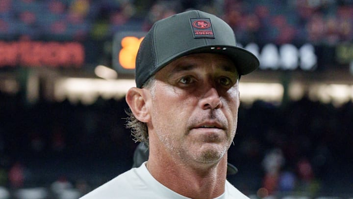 San Francisco 49ers head coach Kyle Shanahan leaves the field at Caesars Superdome. 