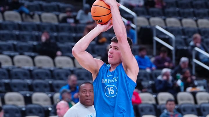 Mar 20, 2024; Pittsburgh, PA, USA; Kentucky Wildcats guard Reed Sheppard (15) shoots the ball dduring the NCAA first round practice session at PPG Paints Arena. Mandatory Credit: Gregory Fisher-USA TODAY Sports