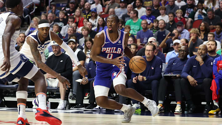 Oct 11, 2024; Des Moines, Iowa, USA; Philadelphia 76ers guard Tyrese Maxey (0) drives to the basket against the Minnesota Timberwolves at Wells Fargo Arena. Mandatory Credit: Reese Strickland-Imagn Images