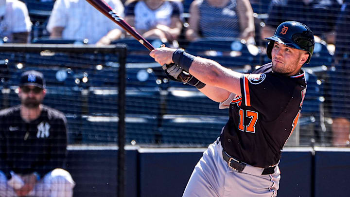 Detroit Tigers first baseman Jace Jung (17) bats against New York Yankees during the second inning at George M. Steinbrenner Field in Tampa, Fla. on Saturday, Feb. 21, 2026.