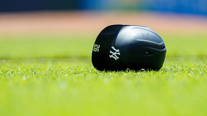 May 21, 2023; Cincinnati, Ohio, USA; The helmet of New York Yankees third baseman DJ LeMahieu (26) during the fifth inning against the Cincinnati Reds at Great American Ball Park. Mandatory Credit: Katie Stratman-Imagn Images