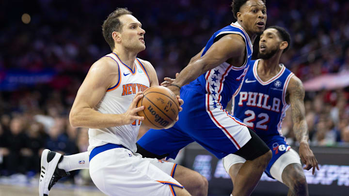Apr 25, 2024; Philadelphia, Pennsylvania, USA; New York Knicks forward Bojan Bogdanovic (44) drives against Philadelphia 76ers guard Kyle Lowry (7) during the second quarter of game three of the first round for the 2024 NBA playoffs at Wells Fargo Center. Mandatory Credit: Bill Streicher-USA TODAY Sports Apr 25, 2024; Philadelphia, Pennsylvania, USA; New York Knicks forward Bojan Bogdanovic (44) drives against Philadelphia 76ers guard Kyle Lowry (7) during the second quarter of game three of the first round for the 2024 NBA playoffs at Wells Fargo Center. Mandatory Credit: Bill Streicher-USA TODAY Sports
