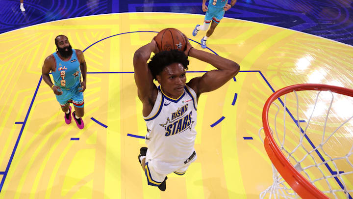 Feb 16, 2025; San Francisco, CA, USA; Candace's Rising Stars guard Amen Thompson (1) of the Houston Rockets shoots against Shaq’s OGs during the 2025 NBA All Star Game at Chase Center. Mandatory Credit: Ezra Shaw-Pool Photo via Imagn Images