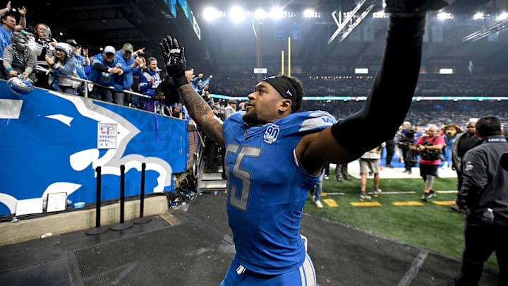 Detroit Lions linebacker Derrick Barnes (55) reacts after winning a 2024 NFC divisional round game against the Buccaneers Detroit Lions linebacker Derrick Barnes (55) reacts after winning a 2024 NFC divisional round game against the Buccaneers