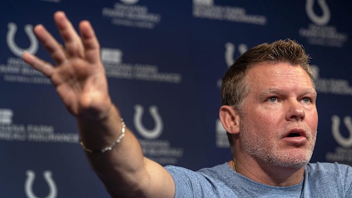 Indianapolis Colts General Manager Chris Ballard speaks to the press in a pre-draft press conference Monday, April 21, 2025 at the Colts headquarters, the Indiana Farm Bureau Football Center.