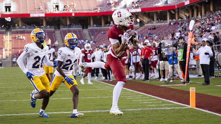 Nov 1, 2025; Stanford, California, USA; Stanford Cardinal wide receiver CJ Williams (3) scores a touchdown against the Pittsburgh Panthers during the fourth quarter at Stanford Stadium. Mandatory Credit: John Hefti-Imagn Images