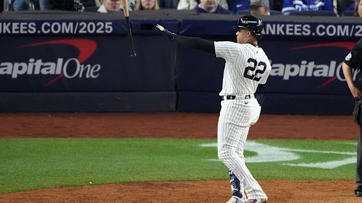 Oct 29, 2024; Bronx, New York, USA; New York Yankees outfielder Juan Soto (22) reacts after a strike out against the Los Angeles Dodgers in the sixth inning during game four of the 2024 MLB World Series at Yankee Stadium. Mandatory Credit: Robert Deutsch-Imagn Images