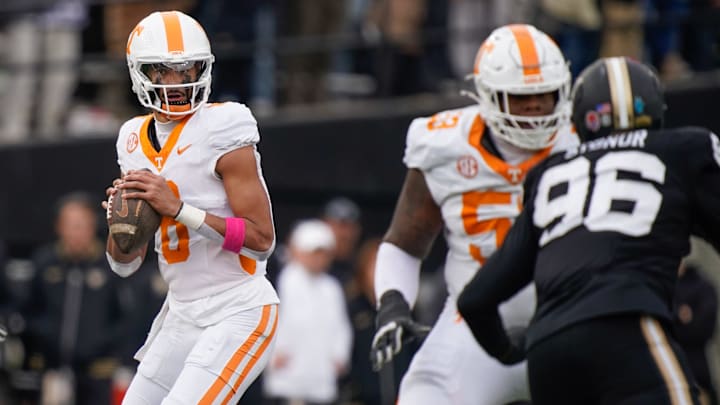 Tennessee quarterback Nico Iamaleava (8) looks for a receiver during the third quarter at FirstBank Stadium in Nashville, Tenn., Saturday, Nov. 30, 2024. Tennessee quarterback Nico Iamaleava (8) looks for a receiver during the third quarter at FirstBank Stadium in Nashville, Tenn., Saturday, Nov. 30, 2024.